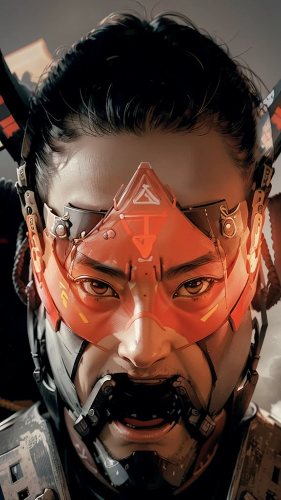 Portrait, anime masterpiece, most realistic, very detailed, (samurai:1.2), smoke, future urban setting, hightech, glowing, future warrior, grin, visor headset