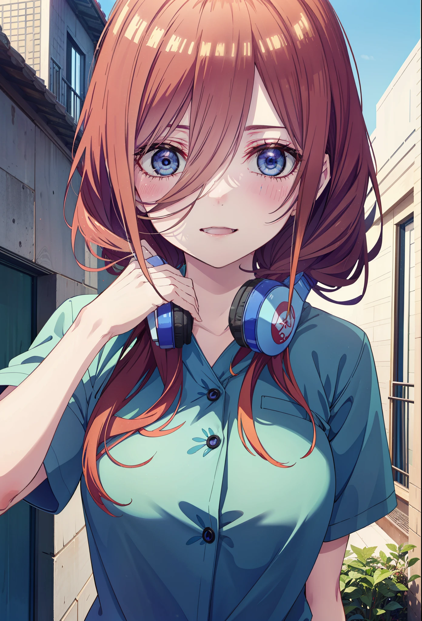 Miku Nakano, miku nakano, Long Hair, bangs, blue eyes, Brown Hair, shirt, Hair between the eyes, Headphones around neck,happy smile, smile, Open your mouth,オーバサイズワンショルダーshirt,Short sleeve,mini skirt,Heeled Sandals,Walking,morning,morning陽,Clear skies,Palm tree,whole bodyがイラストに入るように,
break outdoors, tropical,Building district,
break looking at viewer,whole body, 
break (masterpiece:1.2), Highest quality, High resolution, unity 8k wallpaper, (figure:0.8), (Beautiful attention to detail:1.6), Highly detailed face, Perfect lighting, Highly detailed CG, (Perfect hands, Perfect Anatomy),