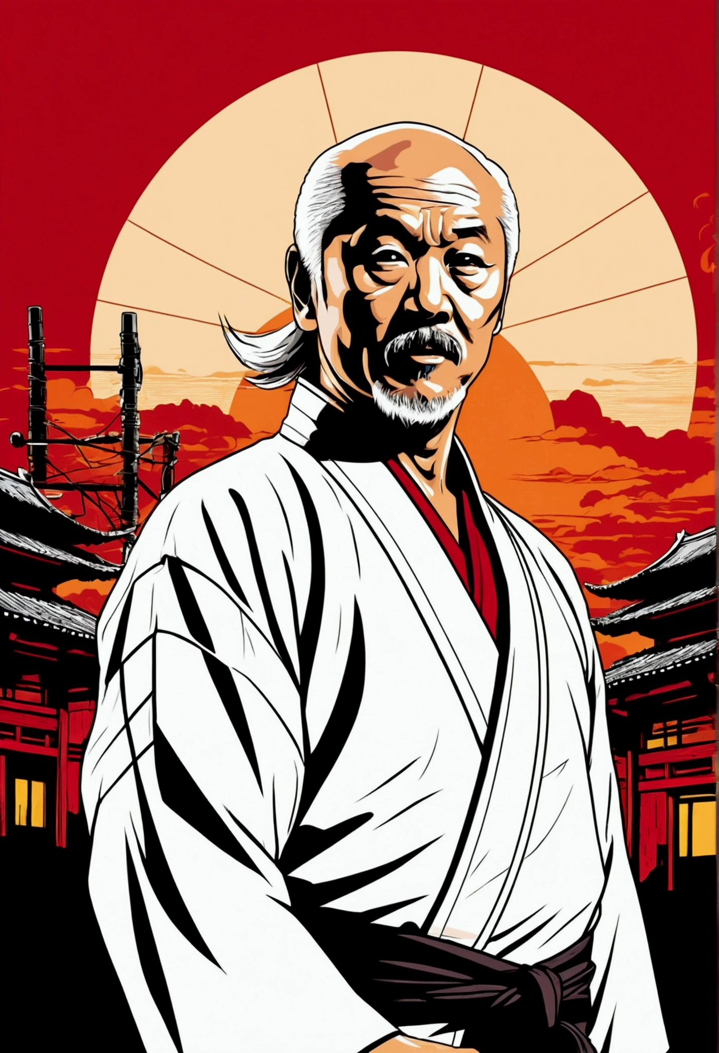 High quality design vector style image, t-shirt print style, graphic art of mr miyagi from karate kid, in white kimono, white background realistic colors, american old west scene in saloon, vector image. In the background, a cyberpunk detail, Tokyo with lights and colors focused on red and orange as a base tone.