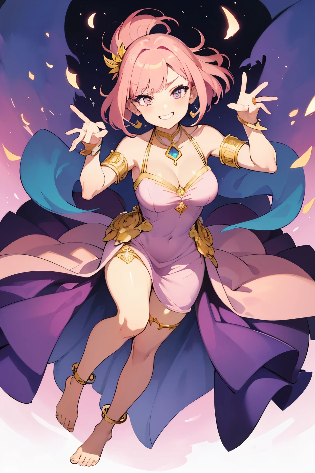 fine detail, solid line work, flattened colors, watercolor painting, pixiv, one woman, full body portrait, from above, translucent dress (fuschia), thick golden bracelets, gold anklets, barefoot, very short pink hair, one fang, heavy purple eyeshadow, golden eyes, excited expression, grinning, lesson through the air pose