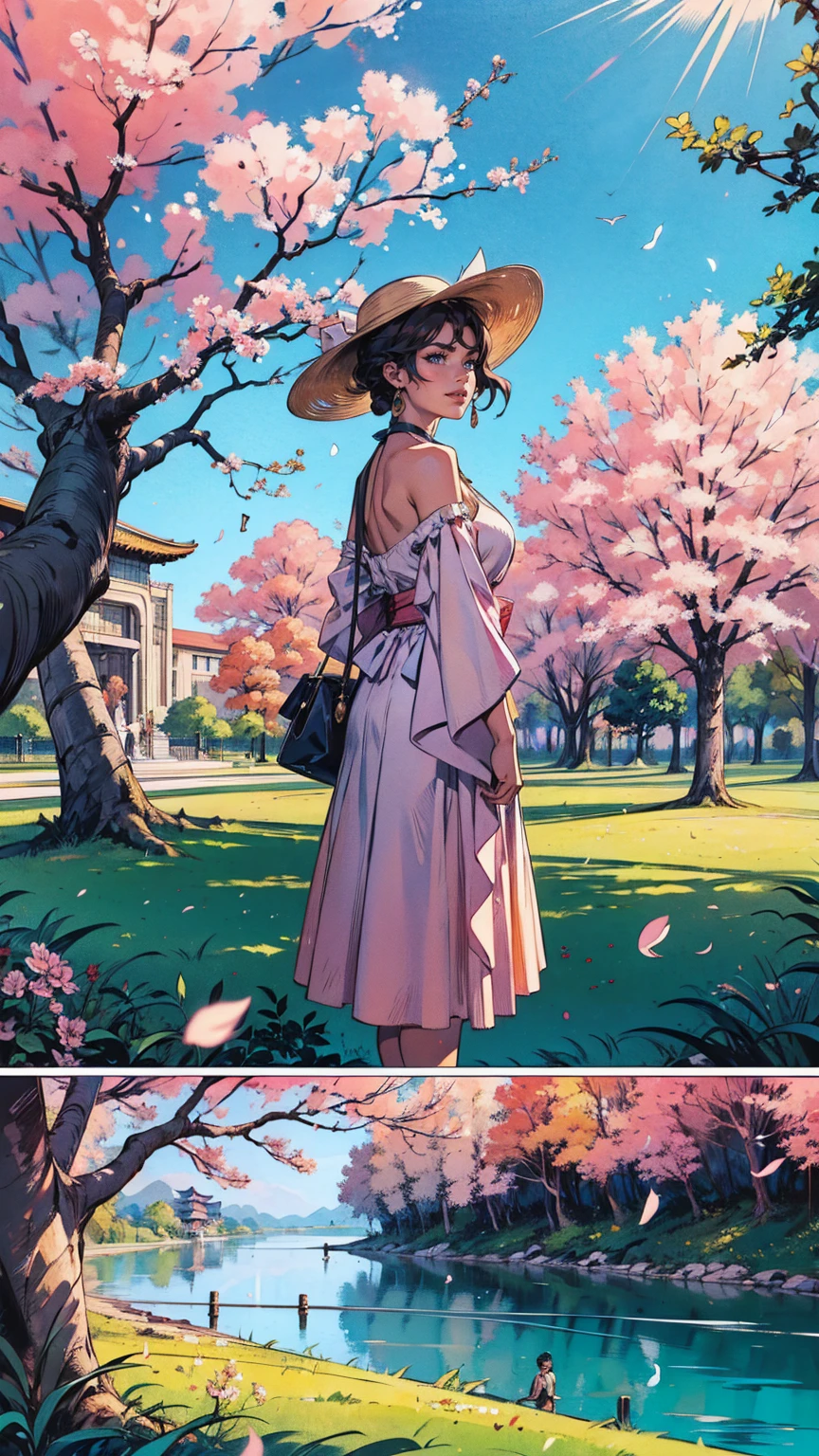 （masterpaintingelhor Quoridade），Riverside，There are many tall buildings across the river，profundidade de campo，perfect lighting，light particleelhor Quoridade），（masterpaintings），（hiper detalhado），sharp focus，light particles，a beautiful Chinese woman standing in a cherry blossom field with a sun hat and wearing pink halter dress, longos cabelos castanhos ondulados, wearing sunglasses, alto e magro, Beautiful, sorriso sutil, Olhando_em_espreitando o espectador，sorrir，sozinho，open sky_Clothes，Arms back，standingn, e de corpo inteiro，Japanese style costume，raio de sol，The tree，De boca aberta，Arms