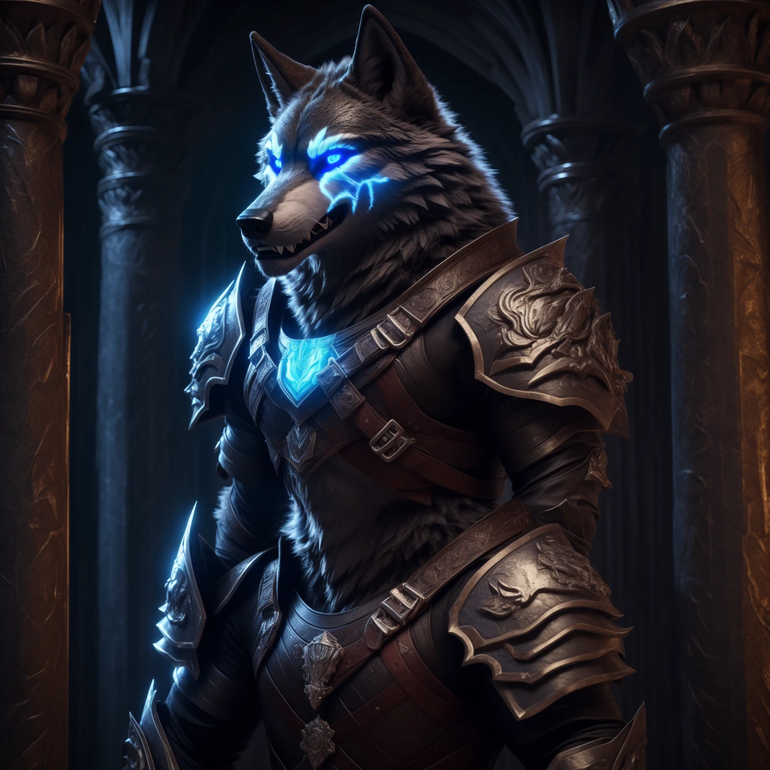Sexy posting, Male, 30 years old, cute, eyeliner, big evil grin, anthro, wolf ears, (black fur:1.0), Timberwolf, inside castle background, 8k, hi res, (best quality, masterpiece), (wolf tail:1.5), detailed fur, solo, red collar, blue glowing eyes, gothic armour, detailed face, detailed eyes, realistic,