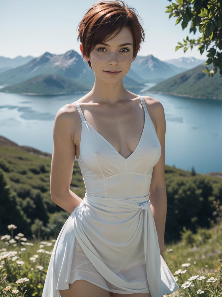 slim feminine figure, redhead, freckles, best quality, realistic skin texture, photography, detailed facial features, film grain texture and high contrast, extremely high-resolution details, photographic, photorealistic, hyper-realistic, HDR, masterpiece, ((short pixie hair)), a white flowy summer dress with lots of blue flower prints and a v-neck, standing on view point in the Norwegian mountains with a magnificent view, exhausted and tired from walking but very happy, smiling, ((small to medium perky firm round breasts)), thin waist, ((wide hips))