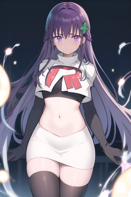 best quality, masterpiece, ElfinePhillet, purple hair, hair ornament, purple eyes, hair clover,scared, glowing magic orbs, team rocket,team rocket uniform,white skirt,red letter R,crop top,black thigh-highs,black elbow gloves