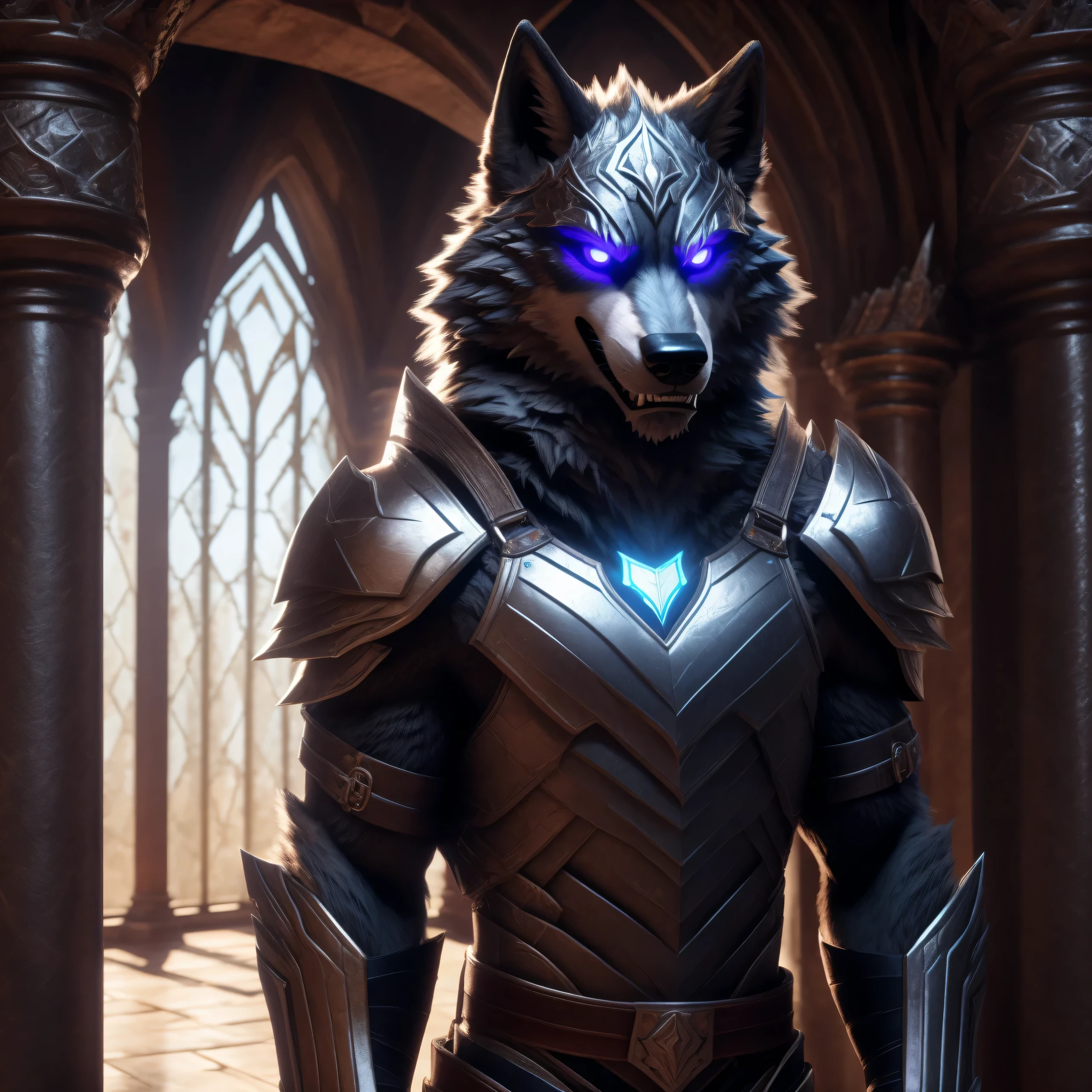 Sexy posting, Male, 30 years old, cute, eyeliner, big evil grin, anthro, wolf ears, (black fur:1.0), Timberwolf, inside castle background, 8k, hi res, (best quality, masterpiece), (wolf tail:1.5), detailed fur, solo, red collar, blue glowing eyes, gothic armour, detailed face, detailed eyes