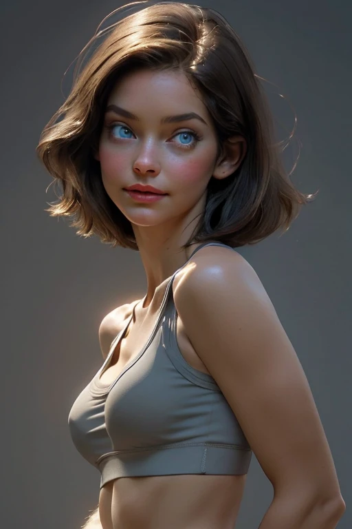 Character design sheet, (Masterpiece, best quality) detailed, ((30 years old mature woman, a small face, no-makeup, off shoulders, Bust C Cup, Exposed cleavage, Blue eyes, Short hair, dark brown hair, leggins, shinning Sportsbra, fullnude)), Cinematic lighting, Perfect, softlight, High resolution skin:1.2, Realistic skin texture, Gray background, full of details, character concept.