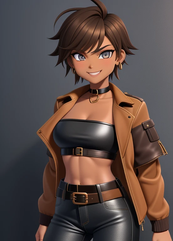high quality, extremely detailed, perfect face, 1girl, solo, tomboy, midriff, (tan-bronze skin), (Amber colored irises), short brown hair, medium breasts, (Wearing: blue jacket, choker, Strapless black top, Belt, Black leather pants), ahoge, piercings, toned, smug smile, carefree expression