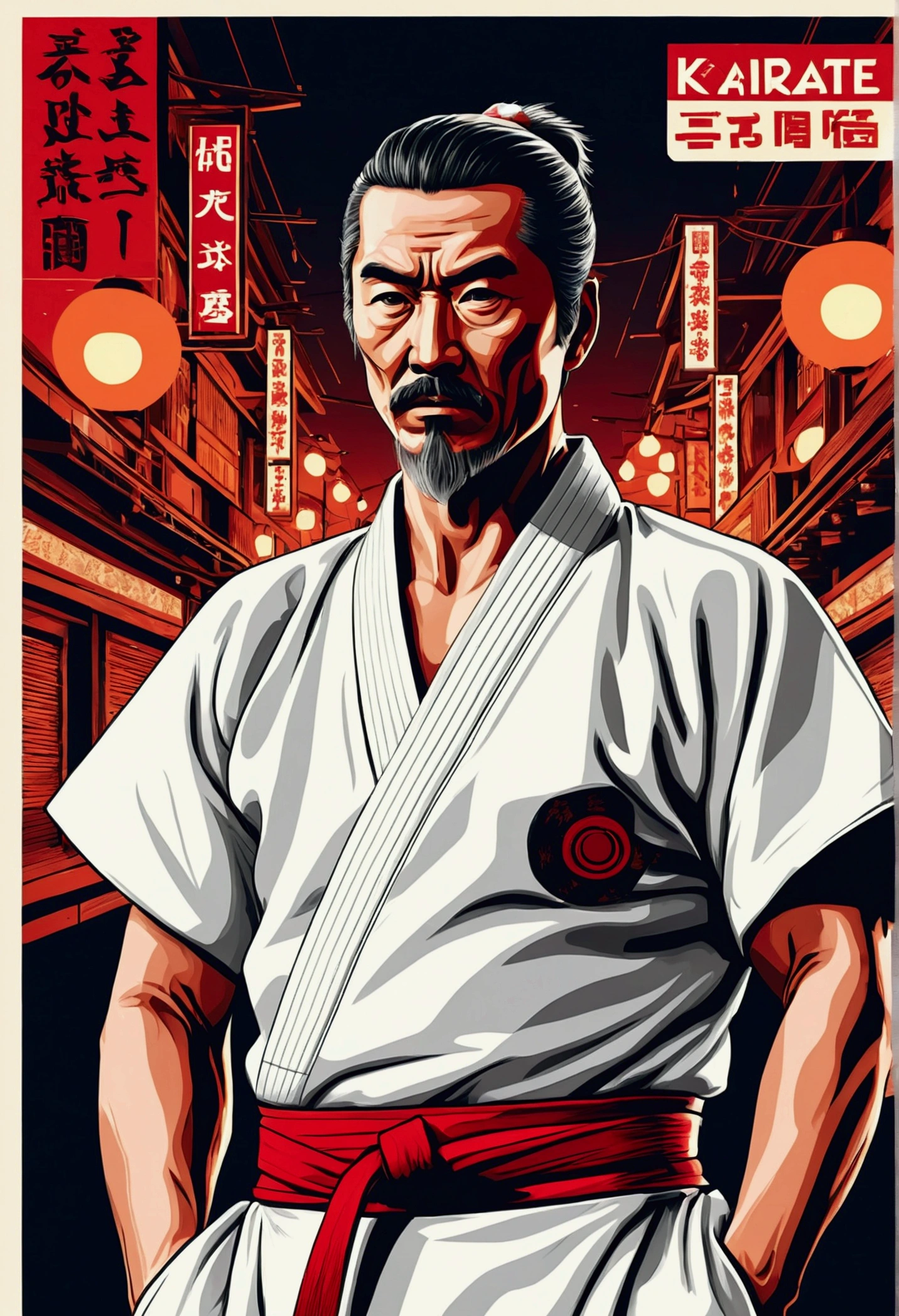 High quality design vector style image, t-shirt print style, graphic art of karate sensei, a ocidental man, , in white kimono, white background realistic colors, american old west scene in saloon, vector image. In the background, a cyberpunk detail, Tokyo with lights and colors focused on red and orange as a base tone.