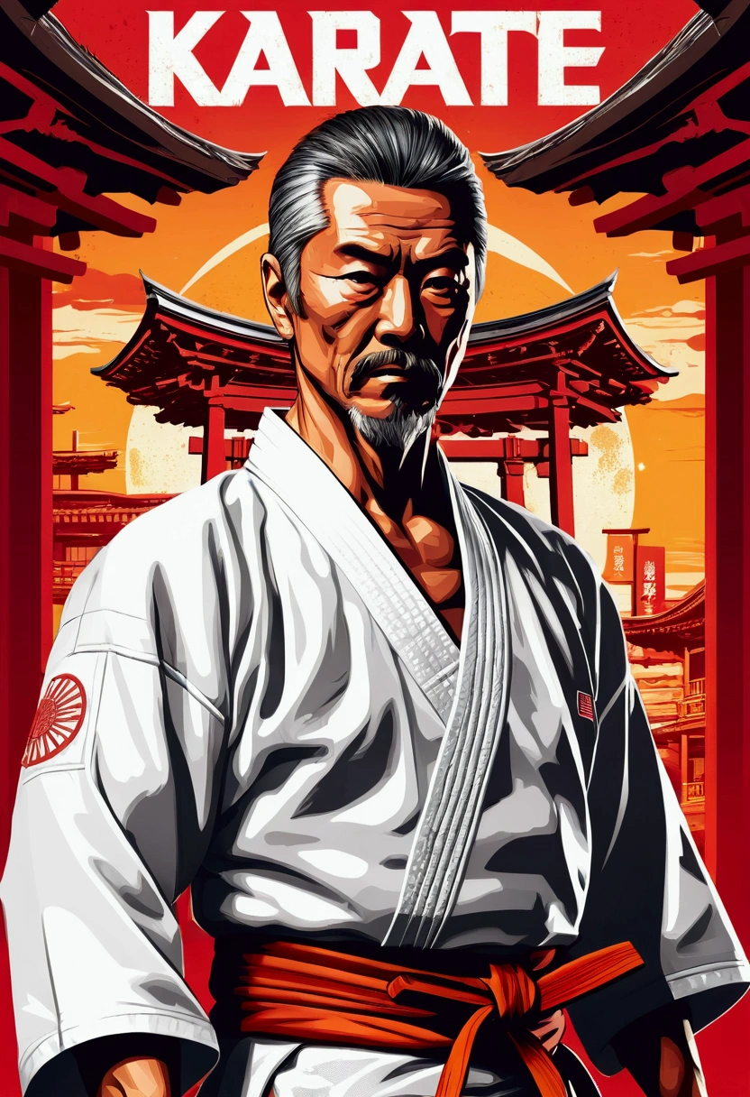 High quality design vector style image, t-shirt print style, graphic art of karate sensei, a ocidental man, , in white kimono, white background realistic colors, american old west scene in saloon, vector image. In the background, a cyberpunk detail, Tokyo with lights and colors focused on red and orange as a base tone.