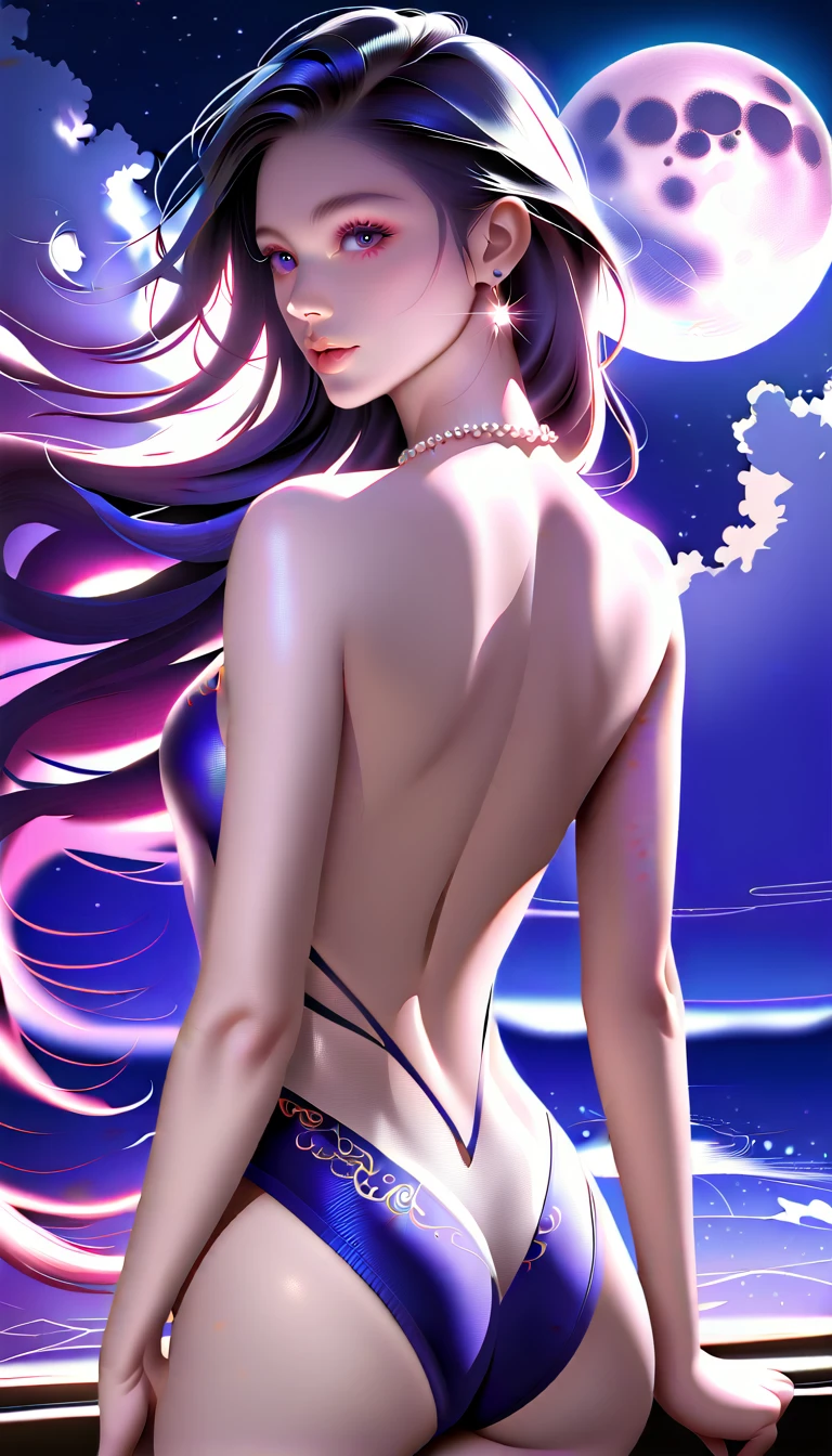 score_9, score_8_superior, score_7_superior, A masterpiece in 32K resolution,Highest quality,it is really amazing,Very detailed,Ultra-high resolution,(Ultra-realistic:1.5),(Realistic:1.5),Increased depth of field,Cinematic lighting,
(Elegant adult Japanese woman:1.1),
Long black hair,Ultra-detailed and beautiful face,(Gentle expression:1.1),Translucent white skin,(Realistic skin texture:1.1),
(Sexy Swimwear:1.1),
Bold design,Artistic design,Beautiful and detailed pattern,Detailed fabric texture,
Gorgeous necklace,Earrings,
Coastline at night,(Giant Moon:1.1),(Dark clouds floating in the dark night sky:1.1),
Beautiful back view,