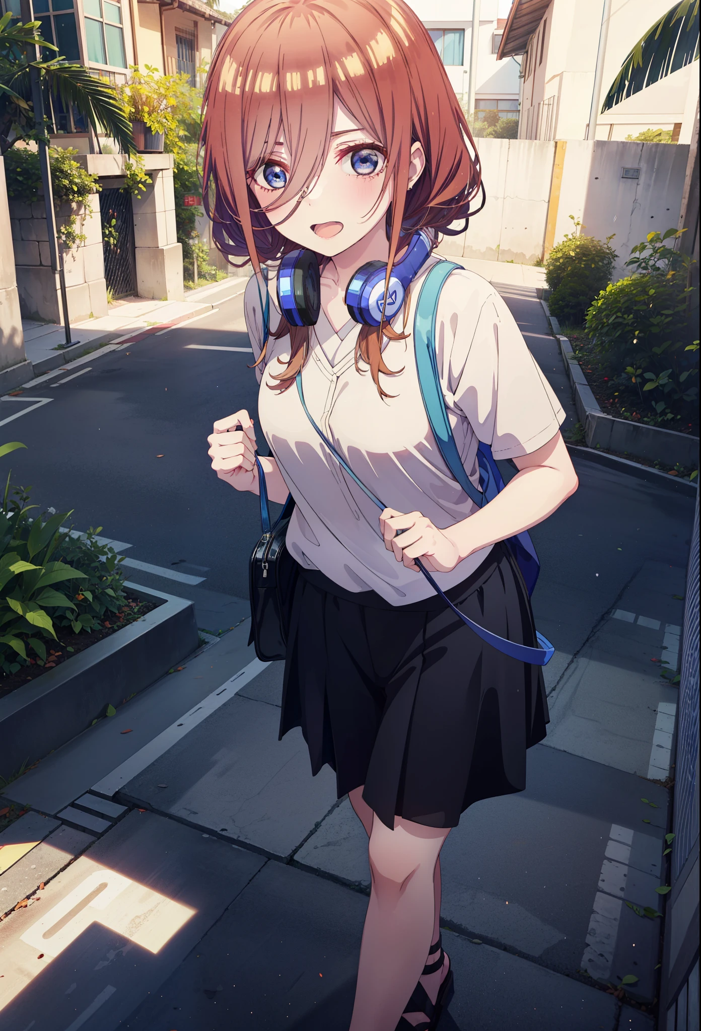 Miku Nakano, miku nakano, Long Hair, bangs, blue eyes, Brown Hair, shirt, Hair between the eyes, Headphones around neck,happy smile, smile, Open your mouth,オーバサイズワtンショルダーshirt,Short sleeve,mini skirt,Heeled Sandals,Walking,morning,morning陽,Clear skies,Palm tree,whole bodyがイラストに入るように,
break outdoors, tropical,Building district,
break looking at viewer,whole body,
break (masterpiece:1.2), Highest quality, High resolution, unity 8k wallpaper, (figure:0.8), (Beautiful attention to detail:1.6), Highly detailed face, Perfect lighting, Highly detailed CG, (Perfect hands, Perfect Anatomy),