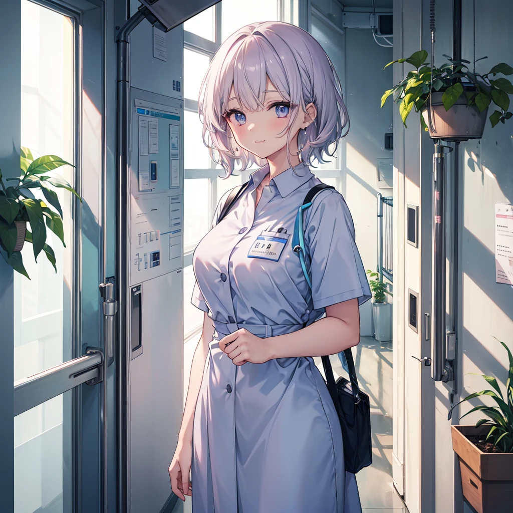 Nursing Aide Jobs. high resolution and detailed depiction. Please create an anime-style illustration of a young nurse aide. Display to the top of the head. She has soft, wavy short hair in a silver color with a subtle pink-purple tint. Her eyes are large, expressive, and blue, with a gentle yet serious expression. She is wearing light blue or white scrubs with a name tag. She is standing in a brightly lit hospital corridor, with plants and medical equipment in the background. The lighting is soft, casting gentle shadows to enhance the atmosphere. She is smiling.