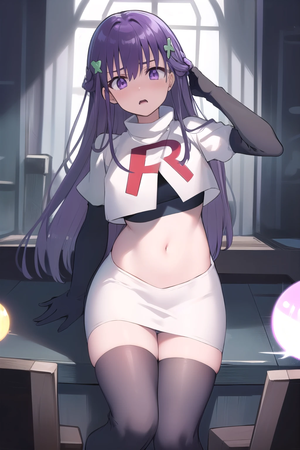 best quality, masterpiece, ElfinePhillet, purple hair, hair ornament, purple eyes, hair clover,scared, glowing magic orbs, team rocket,team rocket uniform,white skirt,red letter R,crop top,black thigh-highs,black elbow gloves