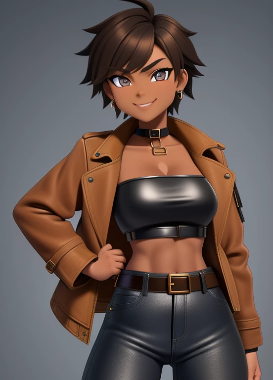 high quality, extremely detailed, perfect face, 1girl, solo, tomboy, midriff, (tan-bronze skin), (Amber colored irises), short brown hair, medium , (Wearing: blue jacket, choker, Strapless black top, Belt, Black leather pants), ahoge, piercings, toned, smug smile, carefree expression