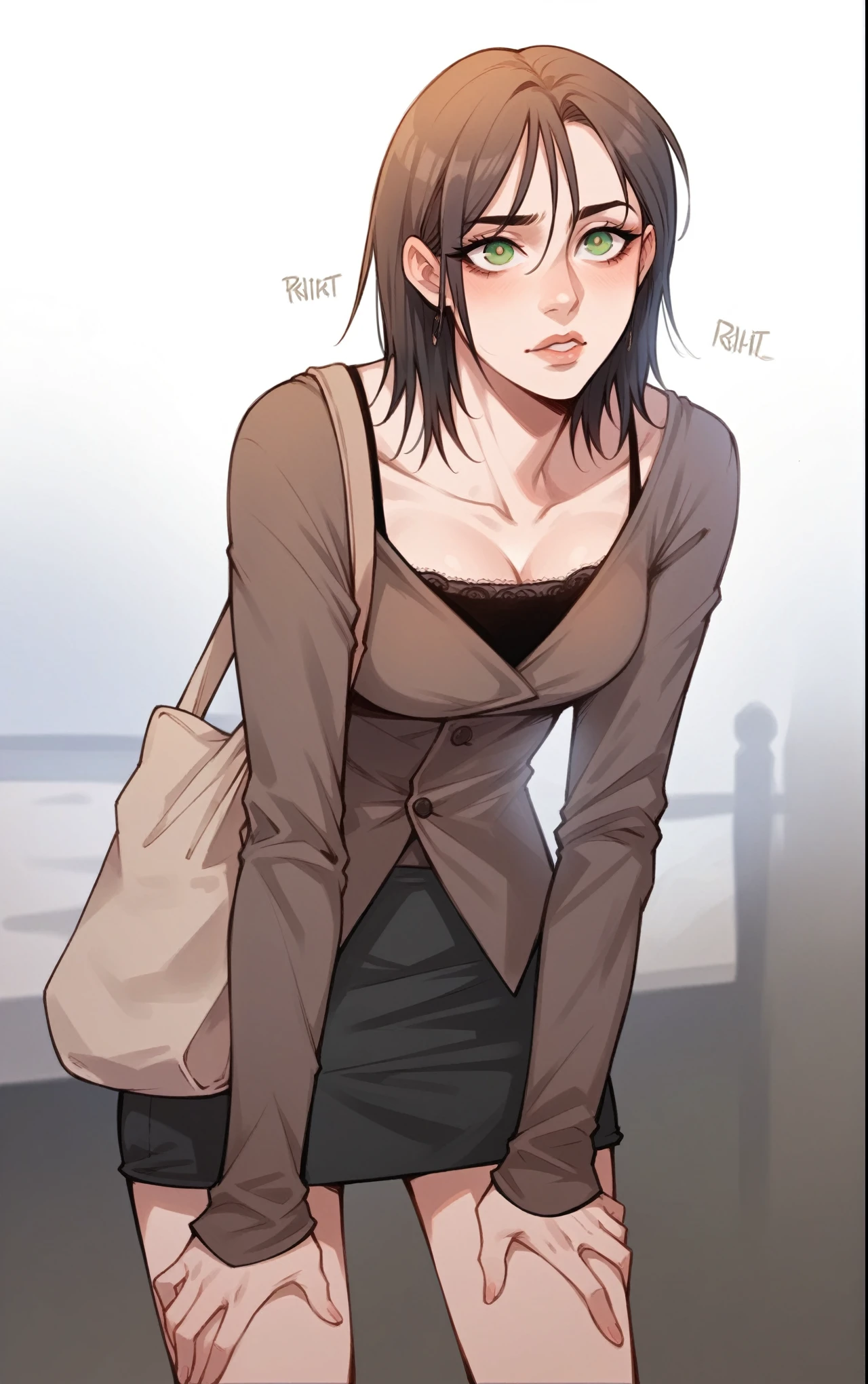 1womanl, beautiful woman, brown overcoat, ((intrikate)), dramatic lighting, Suggestive expression , detailded, work of art, long black hair, female focus, adolescent, bonitas, tall and beautiful guy, sexy look, supporting each other, suggestive look, greeneyes, wearing a skirt, Brown bag