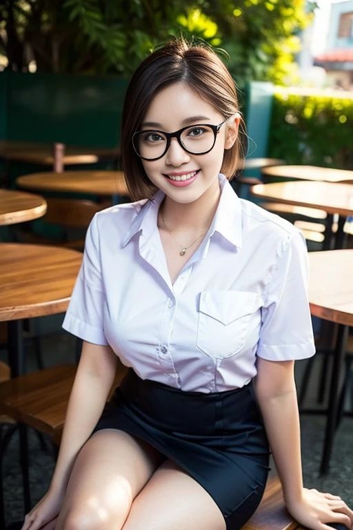 (A gorgeous Chinese lady, age 28, a professional lecturer wearing formal office attire, blazers, short-sleeve white shirt with pockets & buttons, pencil mini-skirt, sitting to read a book in a outdoor cafe,
(geeky, feminine, gentle, friendly), metal-frame spectacles, kind smile, dimpled cheeks, cute snaggle-tooth, short hair ponytail, bob hair trimmed, symmetrical face, beautiful detailed face, bright_and_full_of_warmth_eyes, detailed eyes, ample round bosom,
Award-winning, photorealistic, hyper-realism, high contrast, ultra HD, realistic skin textures, top image quality, top-quality, super high resolution, fine details, very meticulously, masterpiece, High angle shot, medium shot, cowboy shot, positive affirmation, serene ambience, bokeh night background, SFW)