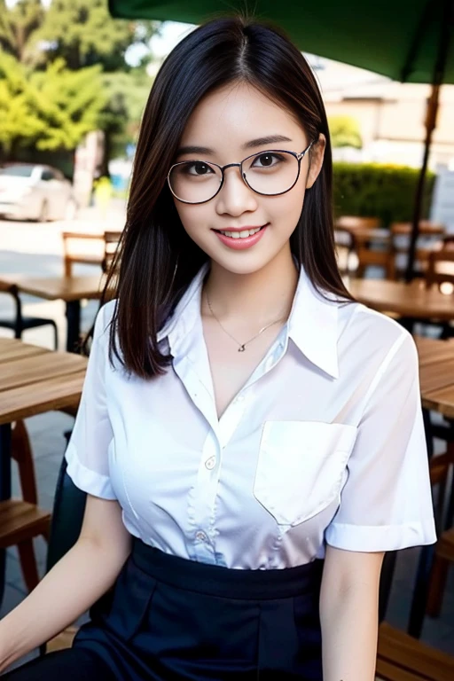 (A gorgeous Chinese lady, age 28, a professional lecturer wearing formal office attire, blazers, short-sleeve white shirt with pockets & buttons, pencil mini-skirt, sitting to read a book in a outdoor cafe,
(geeky, feminine, gentle, friendly), metal-frame spectacles, kind smile, dimpled cheeks, cute snaggle-tooth, short hair ponytail, bob hair trimmed, symmetrical face, beautiful detailed face, bright_and_full_of_warmth_eyes, detailed eyes, ample round bosom,
Award-winning, photorealistic, hyper-realism, high contrast, ultra HD, realistic skin textures, top image quality, top-quality, super high resolution, fine details, very meticulously, masterpiece, High angle shot, medium shot, cowboy shot, positive affirmation, serene ambience, bokeh night background, SFW)