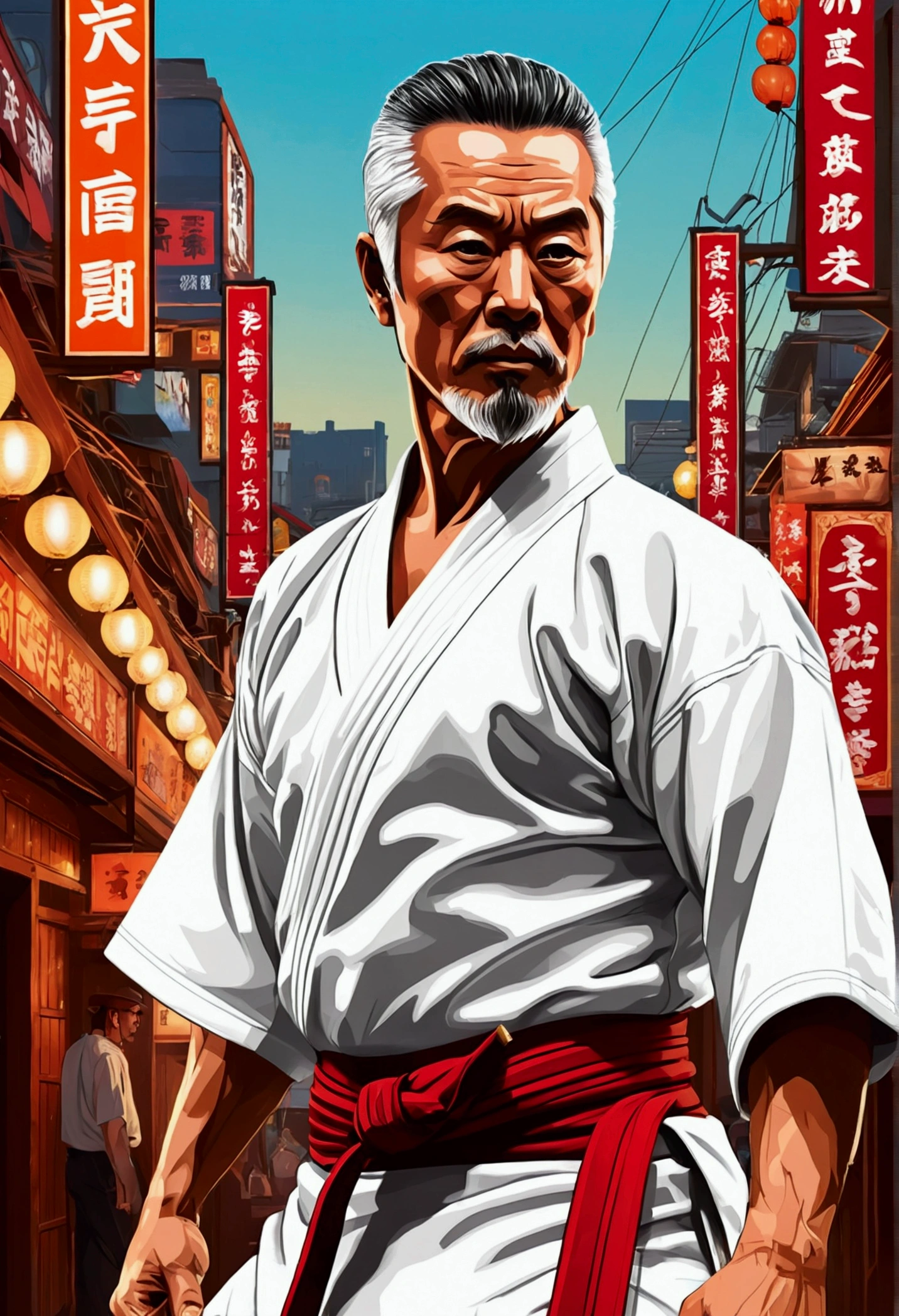 High quality design vector style image, t-shirt print style, graphic art of karate sensei, a ocidental man, , in white kimono, white background realistic colors, american old west scene in saloon, vector image. In the background, a cyberpunk detail, Tokyo with lights and colors focused on red and orange as a base tone.