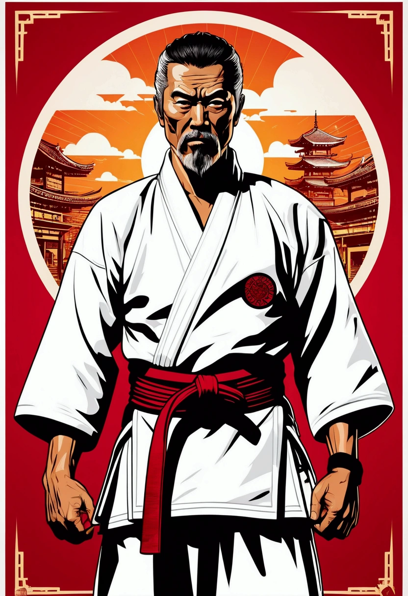 High quality design vector style image, t-shirt print style, graphic art of karate sensei, a ocidental man, , in white kimono, white background realistic colors, american old west scene in saloon, vector image. In the background, a cyberpunk detail, Tokyo with lights and colors focused on red and orange as a base tone.