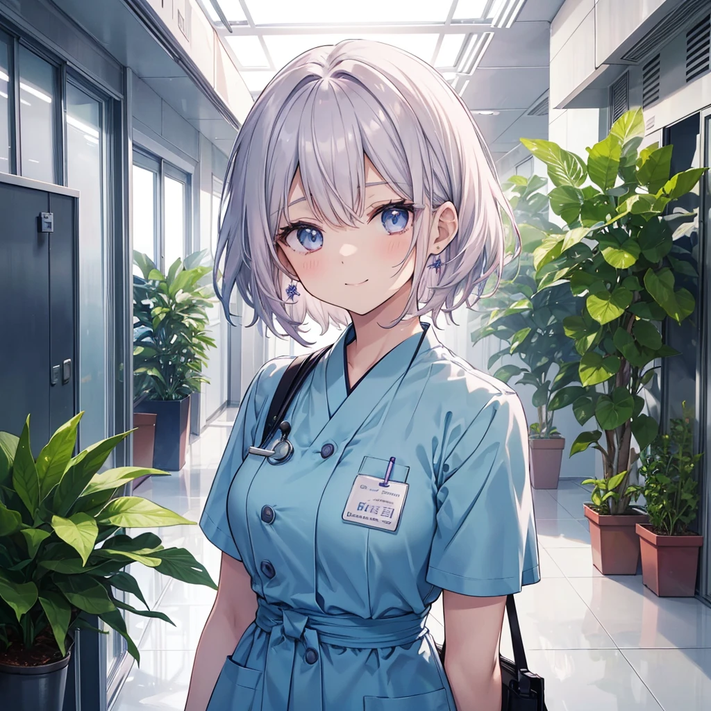 Nursing Aide Jobs. high resolution and detailed depiction. Please create an anime-style illustration of a young nurse aide. Display to the top of the head. She has soft, wavy short hair in a silver color with a subtle pink-purple tint. Her eyes are large, expressive, and blue, with a gentle yet serious expression. She is wearing light blue or white scrubs with a name tag. She is standing in a brightly lit hospital corridor, with plants and medical equipment in the background. The lighting is soft, casting gentle shadows to enhance the atmosphere. She is smiling.