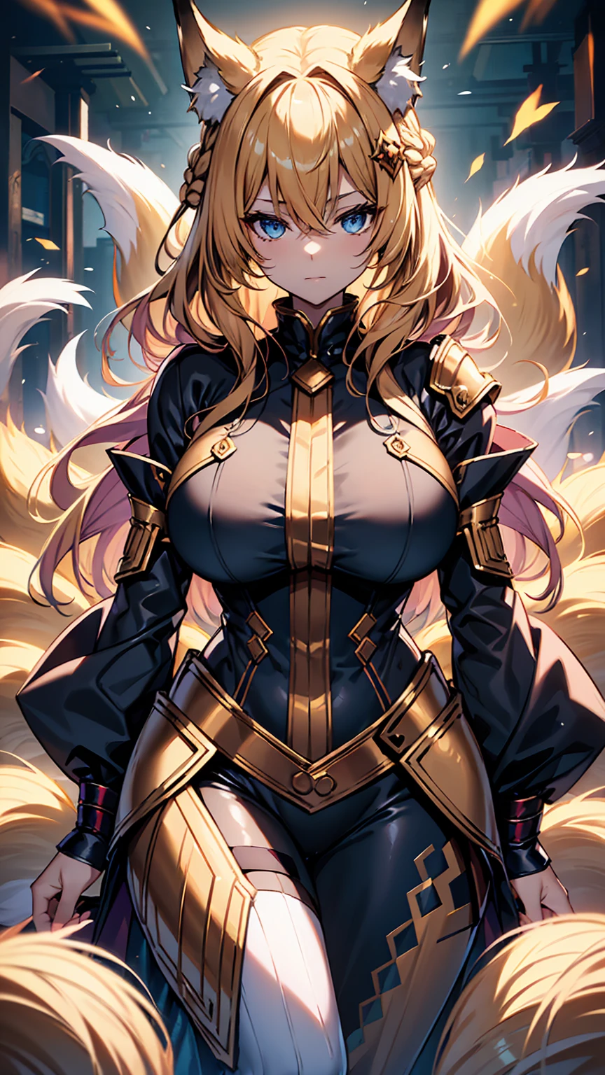 A drawing of a kitsunequeen with long blonde hairs that hide her ears she is wearing golden armor, purpulish blue eyes, french braid, hime cut, animal ears,european face, fox ears,"long orange fox ears with black tips", covering ears, kemonomimi mode,tail emanating(9 tails fox),huge tits, large hips,fully clothed, all skin covered by golden armor, "golden armor", beautifull, beautifull hands,textured hands, bioluminescent,beautifull scenery, draw by WLOP and Naoko Takeuchi in manga style