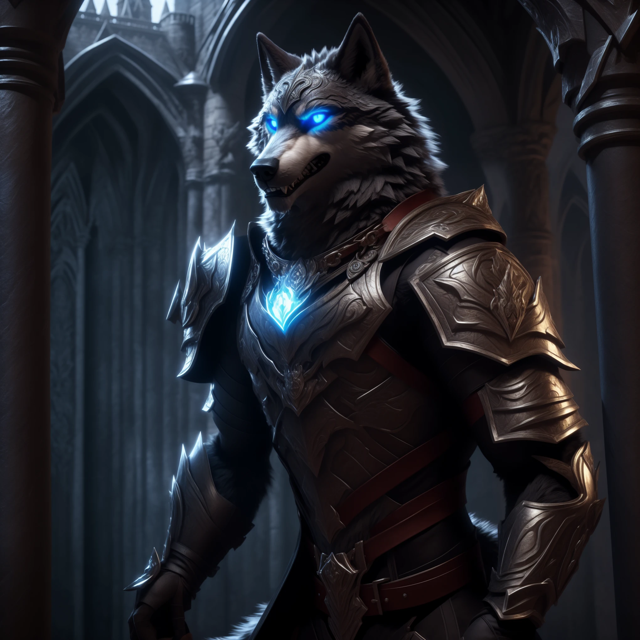 Sexy posting, Male, 30 years old, cute, eyeliner, big evil grin, anthro, wolf ears, (black fur:1.0), Timberwolf, inside castle background, 8k, hi res, (best quality, masterpiece), (wolf tail:1.5), detailed fur, solo, red collar, blue glowing eyes, gothic armour, detailed face, detailed eyes, realistic,