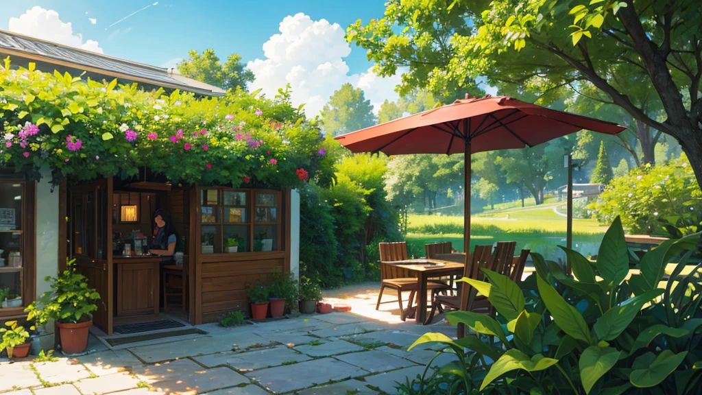 give me an idyllic picture of nature with a café and many green plants and very strong colors, there should be a lot of plants to see and the coffee in the center