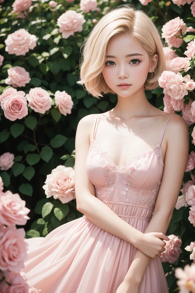 8k, CRU photo, Fujifilm, style photo of a beautiful young woman like Avril in a light pink rose garden (highly detailed skin: 1.2) Style-Petal BREAK short hair, blonde hair with colored highlights, wearing a dress, film grain, 35mm, cute style