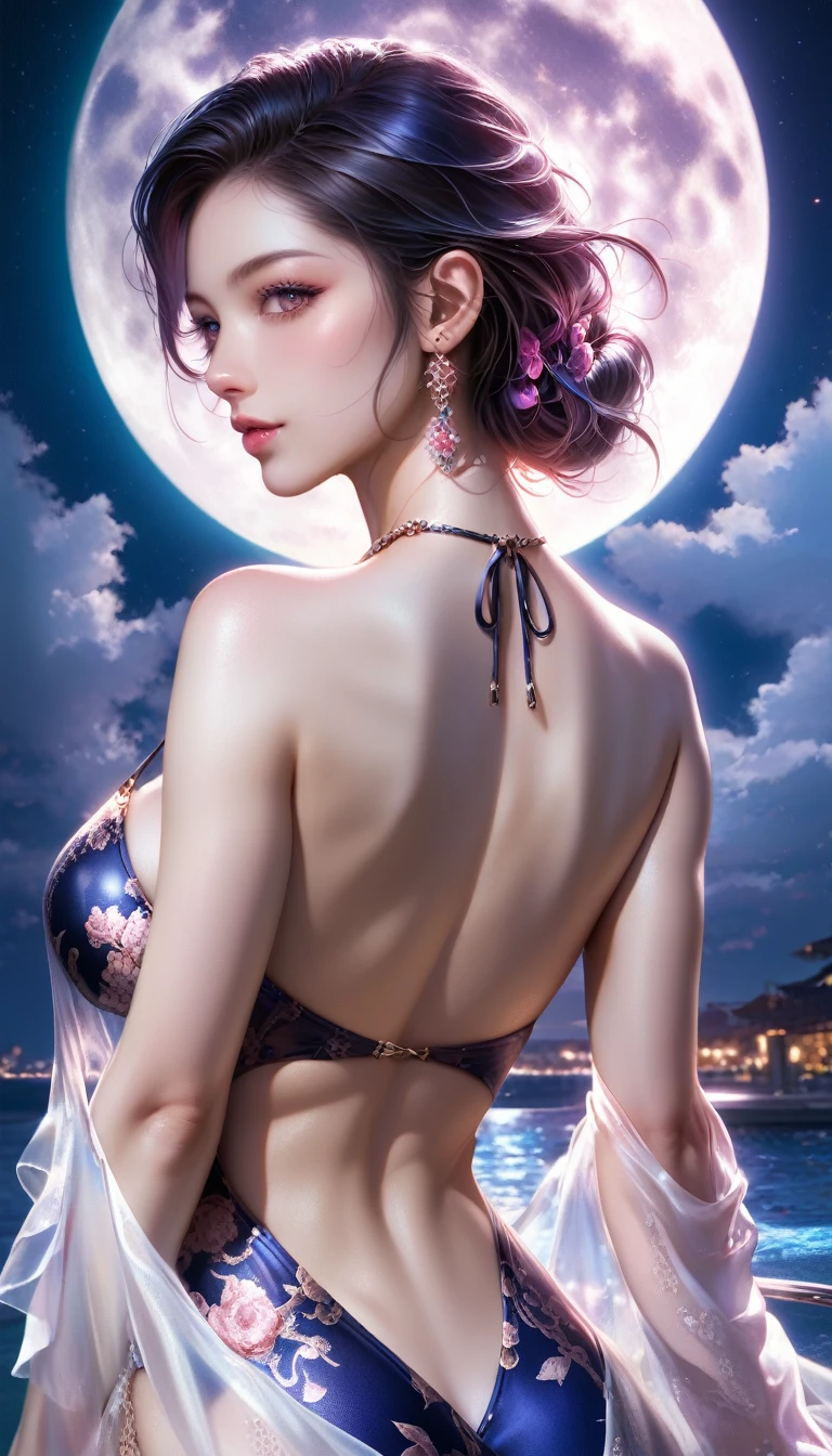 score_9, score_8_superior, score_7_superior, A masterpiece in 32K resolution,Highest quality,it is really amazing,Very detailed,Ultra-high resolution,(Ultra-realistic:1.5),(Realistic:1.5),Increased depth of field,Cinematic lighting,
(Elegant adult Japanese woman:1.１),
Long black hair,Ultra-detailed and beautiful face,(Gentle expression:1.1),Translucent white skin,(Realistic skin texture:1.1),
(Sexy Swimwear:1.1),
Bold design,Artistic design,Beautiful and detailed pattern,Detailed fabric texture,
Gorgeous necklace,Earrings,
Coastline at night,(Giant Moon:1.1),(Dark clouds floating in the dark night sky:1.1),
Beautiful back view,