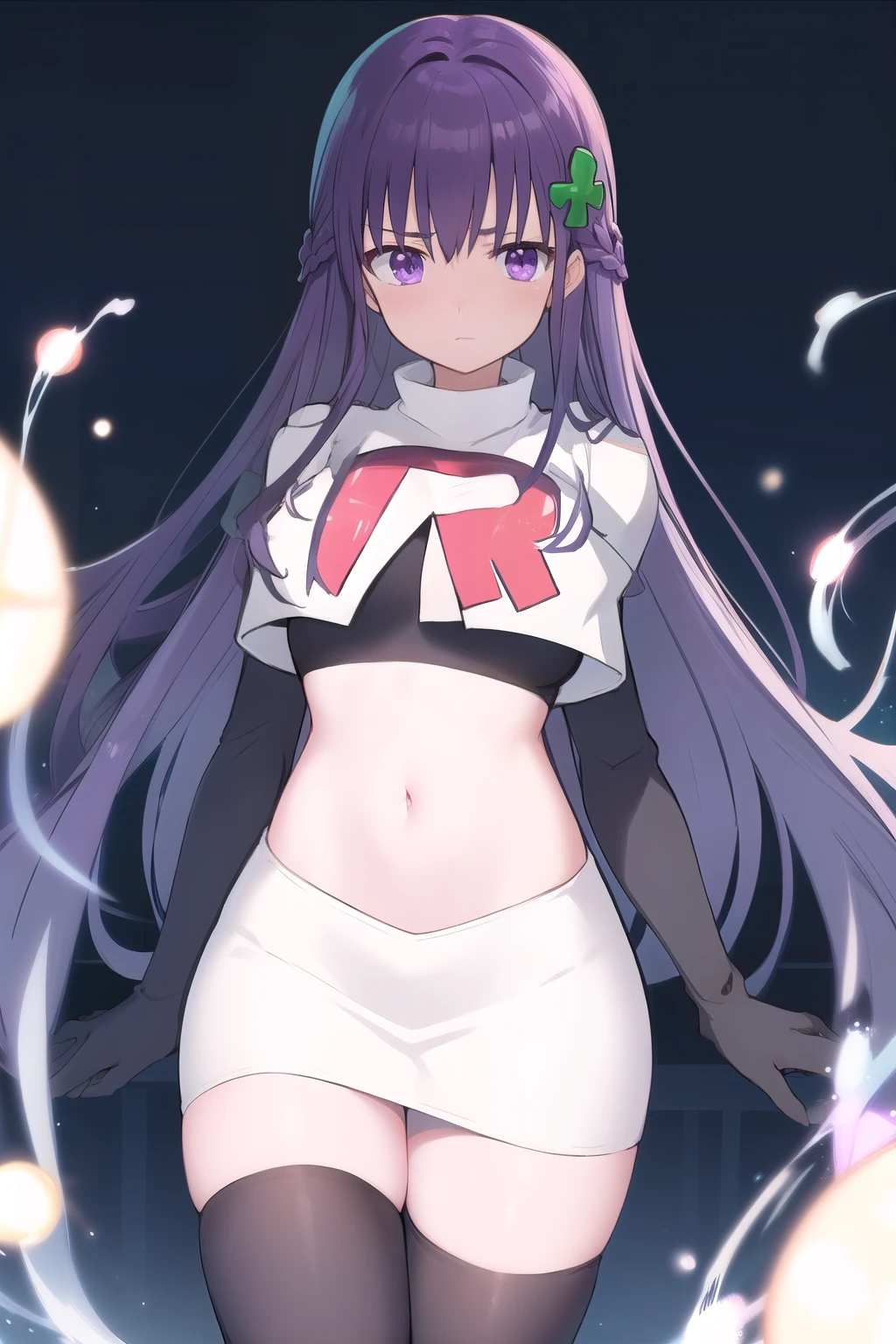 best quality, masterpiece, ElfinePhillet, purple hair, hair ornament, purple eyes, hair clover,scared, glowing magic orbs, team rocket,team rocket uniform,white skirt,red letter R,crop top,black thigh-highs,black elbow gloves