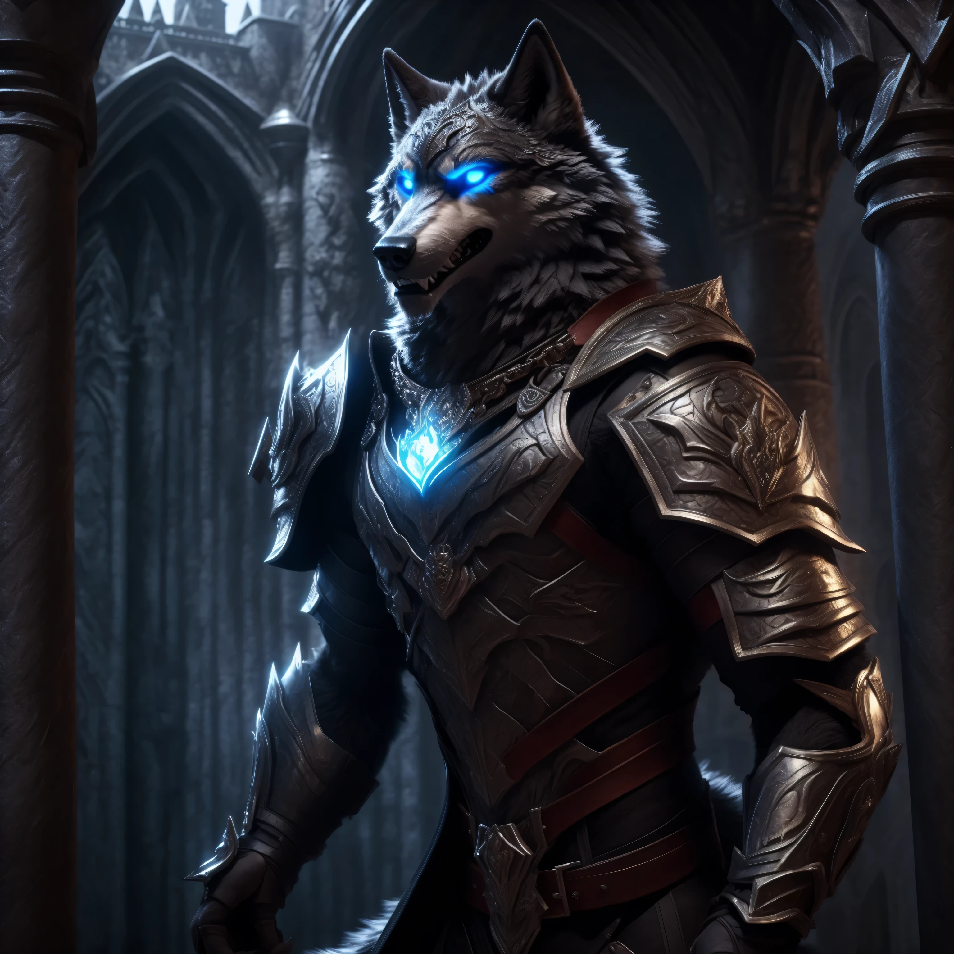Sexy posting, Male, 30 years old, cute, eyeliner, big evil grin, anthro, wolf ears, (black fur:1.0), Timberwolf, inside castle background, 8k, hi res, (best quality, masterpiece), (wolf tail:1.5), detailed fur, solo, red collar, blue glowing eyes, gothic armour, detailed face, detailed eyes, realistic,