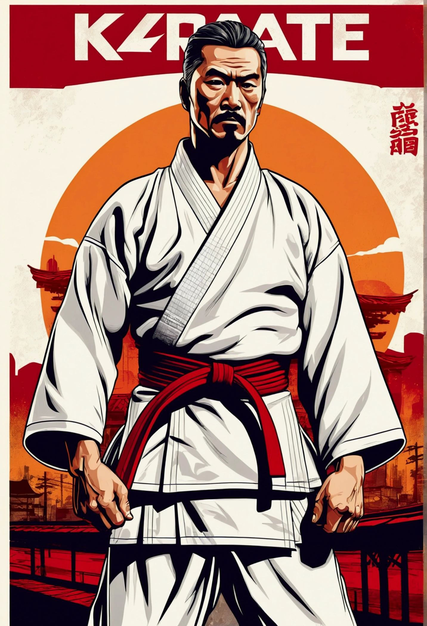 High quality design vector style image, t-shirt print style, graphic art of karate a ocidental man, , in white kimono, white background realistic colors, american old west scene in saloon, vector image. In the background, a cyberpunk detail, Tokyo with lights and colors focused on red and orange as a base tone.