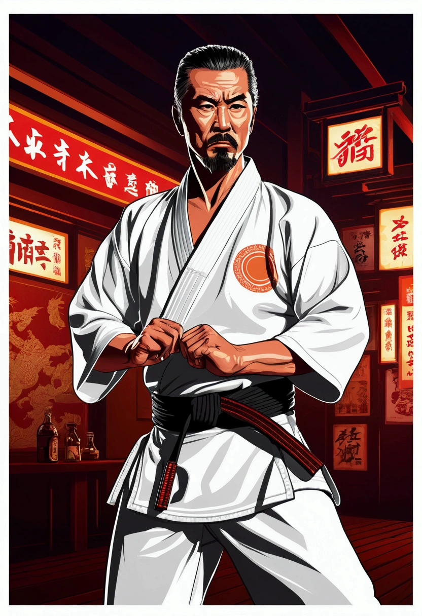 High quality design vector style image, t-shirt print style, graphic art of karate a ocidental man, , in white kimono, white background realistic colors, american old west scene in saloon, vector image. In the background, a cyberpunk detail, Tokyo with lights and colors focused on red and orange as a base tone.