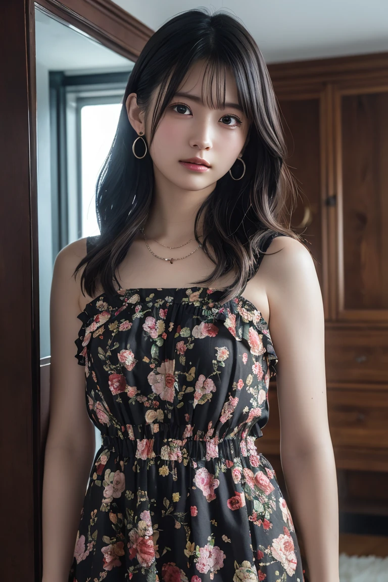 (Highest quality:1.4),(masterpiece:1.4),(Realistic:1.4),(Realistic:1.2),(超High resolution, RAW Photos:1.4),(High resolution, Ultra-detailed:1.2),(8k:1.2),View your viewers,Cinematic photography,One girl,skeletally correct,Black-haired woman,Woman in her early 20s,(Small earrings,necklace,Floral frill dress),(Western-style building interior,Dimly lit room,The lamplight shines on my cheeks)