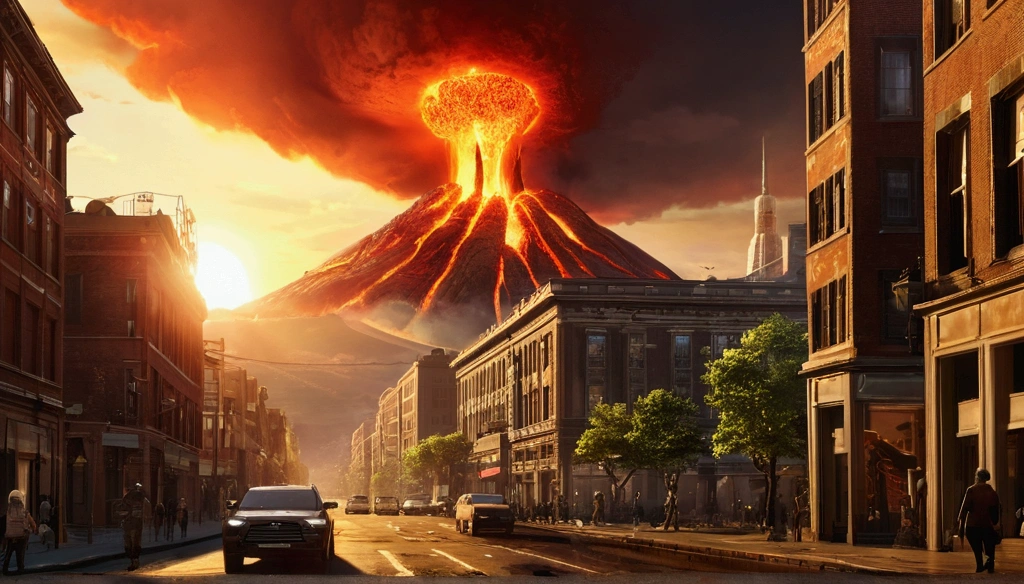 ((best qualityer))) ,Masterpiece artwork,8k, A city,humans in panic,A sun is erupting in the distance,magma,dense smoke,rays of sunlight, and pieces of gear scattered around the city