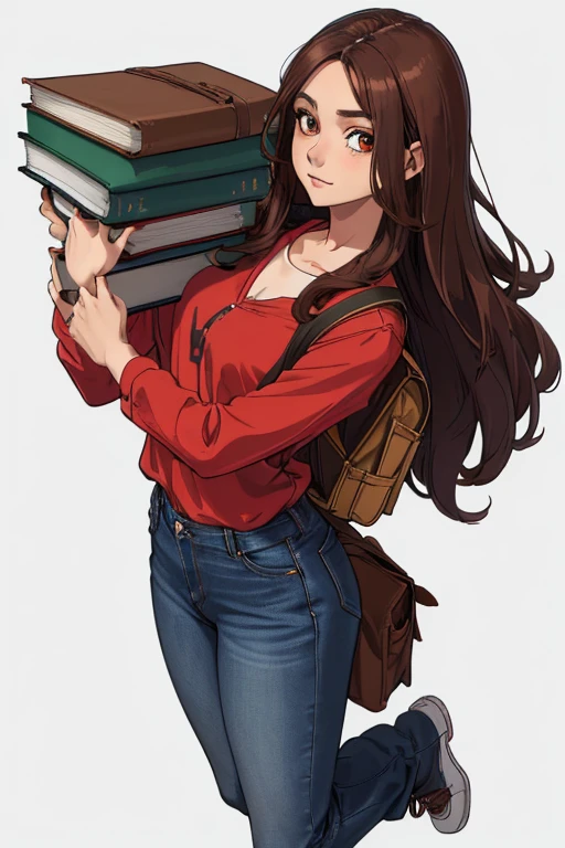 (1 girl, solo), (girl is young, 20yo, (brown long hair), standing, looking at the viewer, carrying a backpack, (holding some books under her arms), jeans, (red blouse), big eyes, slim body, Friendly expression on the face, (well-detailed face)), sunny day, (ultra detailed) ((best quality)), (full body), (white background), (side view)