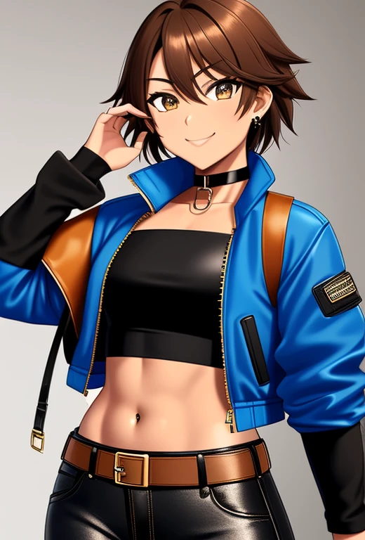 high quality, extremely detailed, perfect face, 1girl, solo, tomboy, midriff, (tan-bronze skin), (Amber colored irises), short brown hair, medium breasts, (Wearing: blue jacket, choker, Strapless black top, Belt, Black leather pants), ahoge, piercings, toned, smug smile, carefree expression
