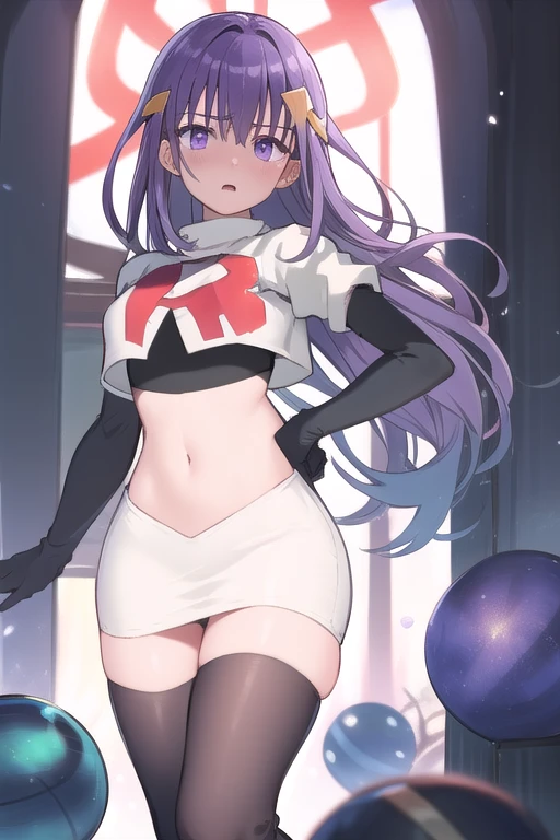 best quality, masterpiece, ElfinePhillet, purple hair, hair ornament, purple eyes, hair clover,scared, glowing magic orbs, team rocket,team rocket uniform,white skirt,red letter R,crop top,black thigh-highs,black elbow gloves