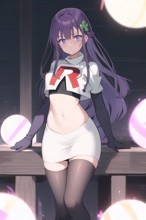 best quality, masterpiece, ElfinePhillet, purple hair, hair ornament, purple eyes, hair clover,scared, glowing magic orbs, team rocket,team rocket uniform,white skirt,red letter R,crop top,black thigh-highs,black elbow gloves