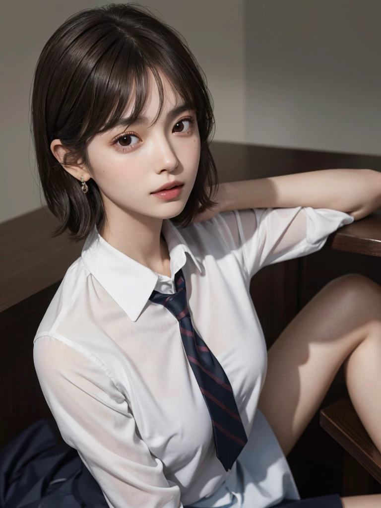 absurdres, RAW photo, extremely delicate and beautiful, masterpiece, Best Quality, ultra high resolution, 16k, hyperrealistic, ultra-detailed, (perfect anatomy), super Detailed skin, perfect figure, Very detailed CG 8k wallpaper, in her 20s, very Slim body, narrow waist, very small head, very small face, delicate facial features, tearful mole, earring, thin legs, very huge round breasts, (full body shot), short hair, wavy hair, light brown hair, 1 girls, sweat, (school uniform), dress shirt,