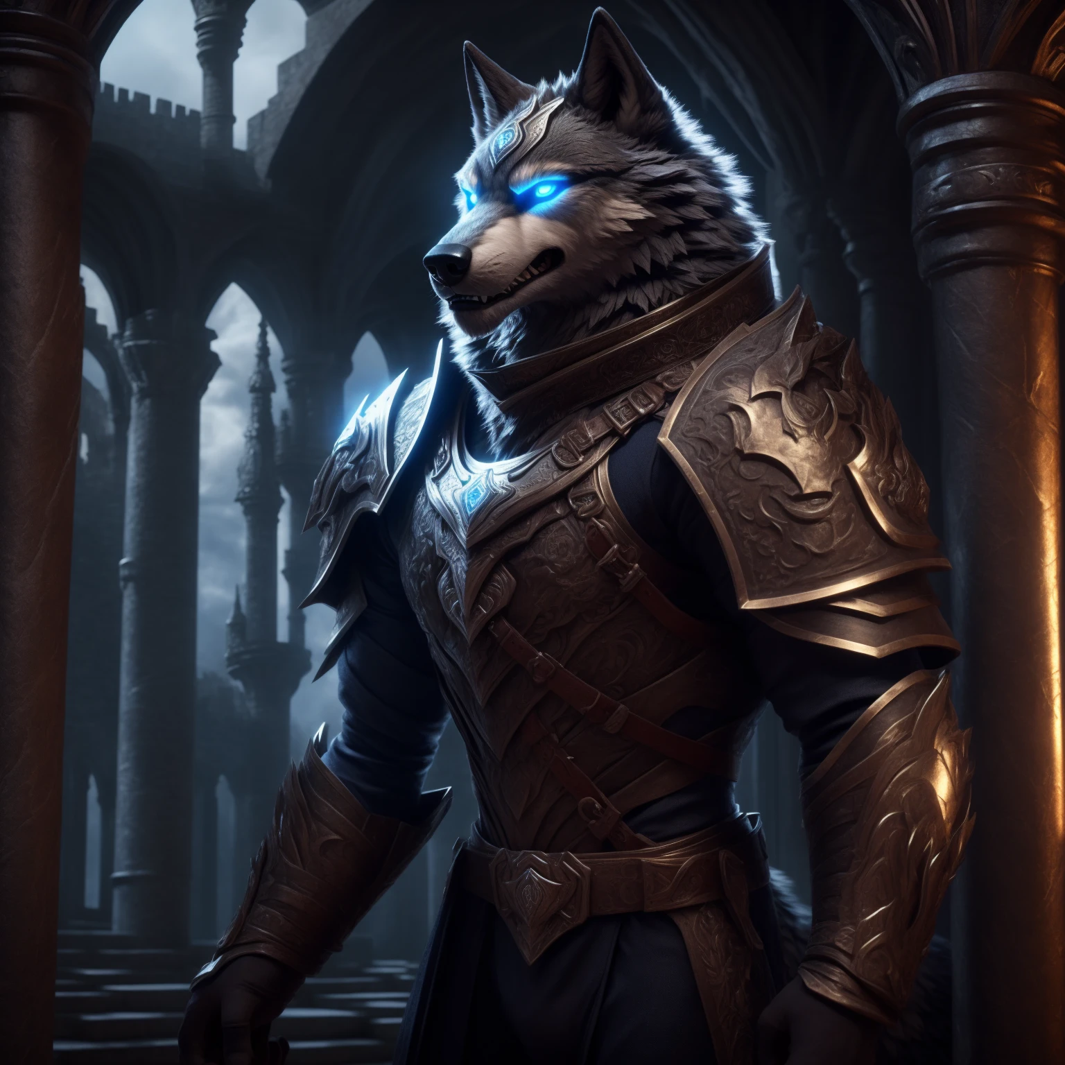 Sexy posting, Male, 30 years old, cute, eyeliner, big evil grin, anthro, wolf ears, (black fur:1.0), Timberwolf, inside castle background, 8k, hi res, (best quality, masterpiece), (wolf tail:1.5), detailed fur, solo, red collar, blue glowing eyes, gothic armour, detailed face, detailed eyes, realistic,