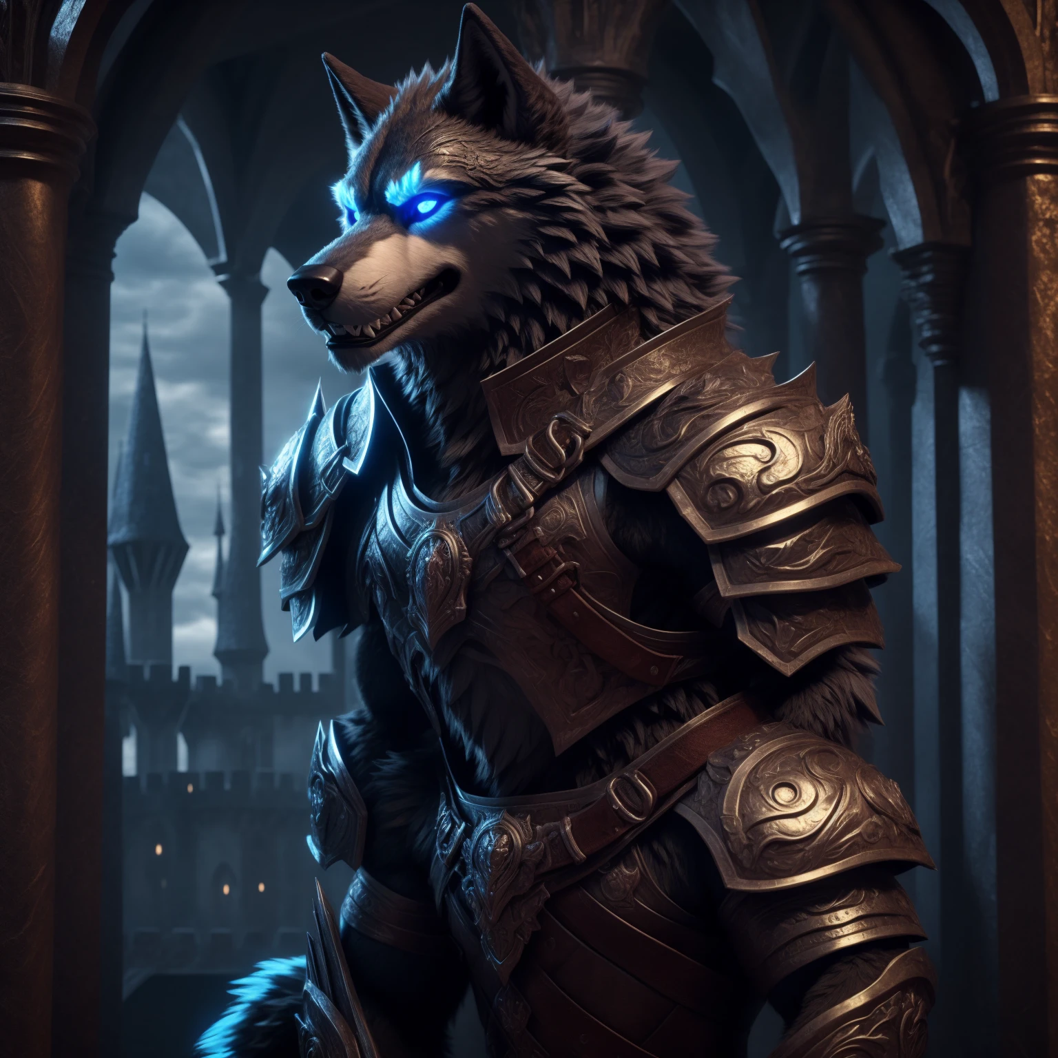 Sexy posting, Male, 30 years old, cute, eyeliner, big evil grin, anthro, wolf ears, (black fur:1.0), Timberwolf, inside castle background, 8k, hi res, (best quality, masterpiece), (wolf tail:1.5), detailed fur, solo, red collar, blue glowing eyes, gothic armour, detailed face, detailed eyes, realistic,