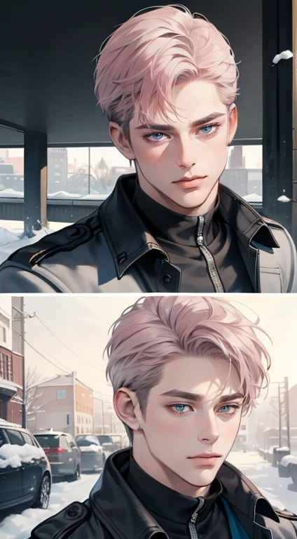 masterpiece, best quality, realistic, 1man, mature male, quiet and charming young man, 35 years old, close his eyes, serious, closed mouth, extremely detailed face, cold, ((dark grey blue eyes)), ((short-right-swept dark grey pink hair)), [thick eyebrows], ((hunter)), accurate, detailed, ((town))