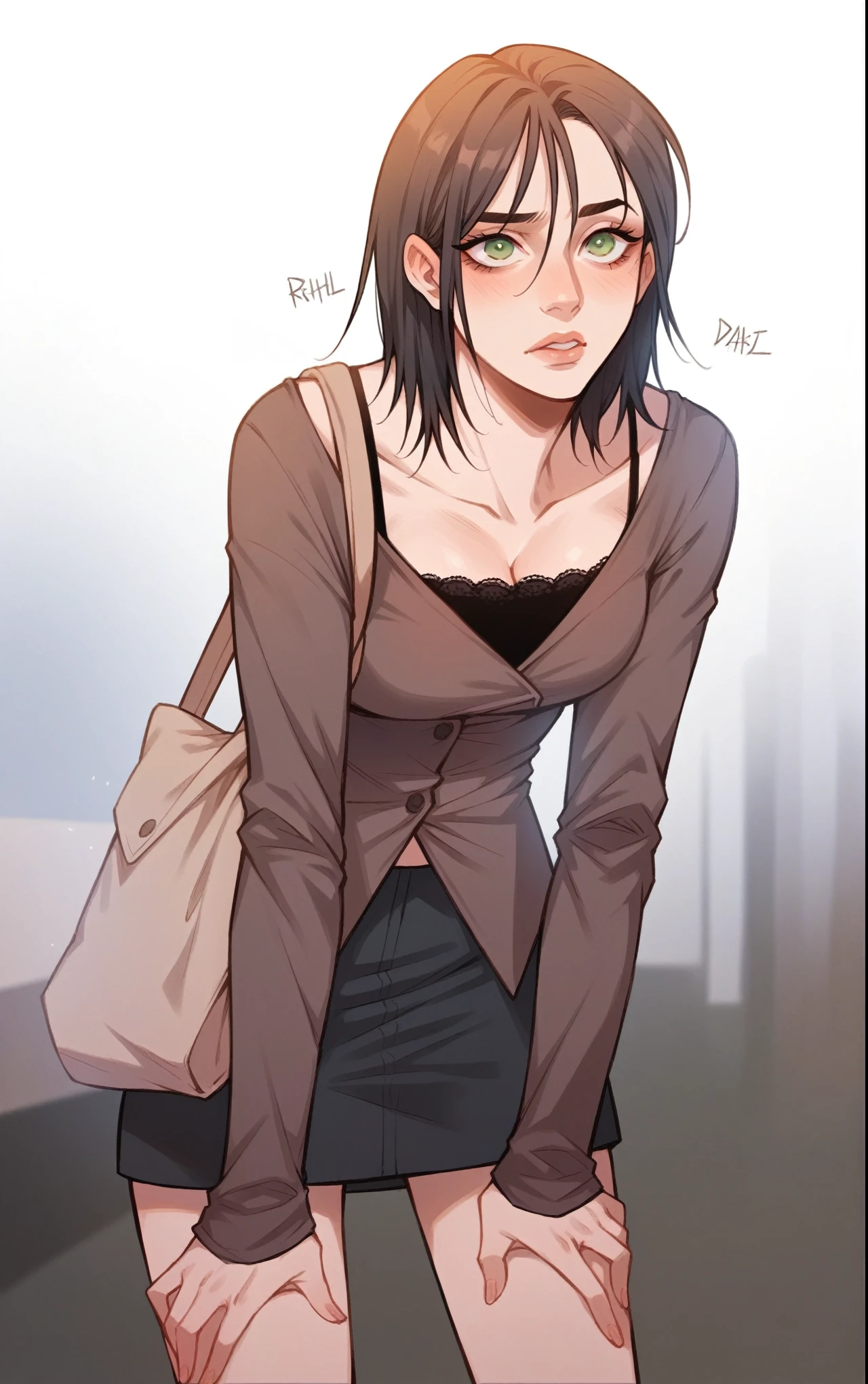 1womanl, beautiful woman, brown overcoat, ((intrikate)), dramatic lighting, Challenging Expression , detailded, work of art, long black hair, female focus, adolescent, bonitas, tall and beautiful guy, sexy look, supporting each other, greeneyes, wearing a skirt, Brown bag