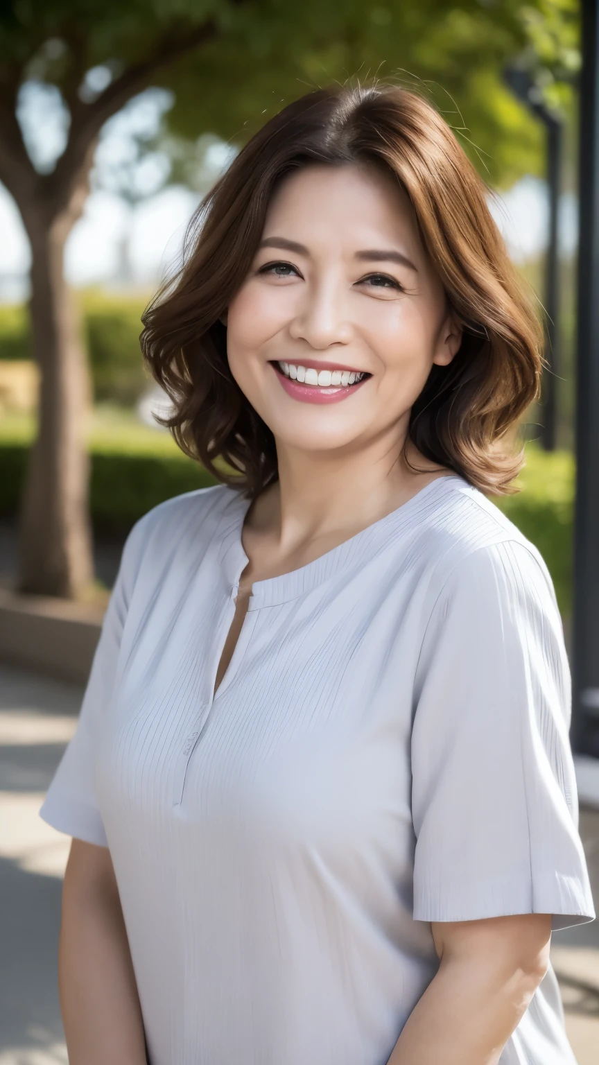 最high quality, In 8K, whole body, Real, Sharp focus, high quality, High resolution, Detailed face, Detailed eyes, Thick lips, (Look at the viewers), alone, Middle-aged women, , 60 years old, , Wavy Hair, , Wearing short sleeves, Standing in the park, Wrinkles around the eyes, Smiling with teeth showing