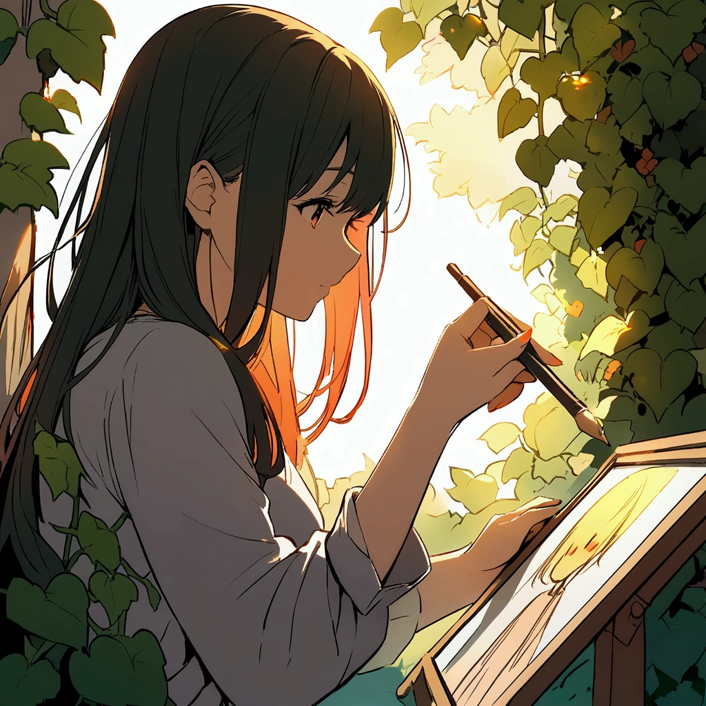 A woman drawing a picture, sunlight filtering through the trees, ivy growing