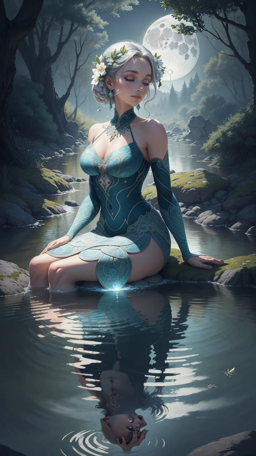 A stunningly beautiful woman, her ethereal features radiating an aura of tranquility, is seated in a serene pose for meditation by the tranquil river. The moon in its full glory casts a soft, luminescent glow upon her, illuminating her features in a manner reminiscent of a Lumitronic effect. The river's surface, shimmering with reflections of the moonlight, appears as if it's been meticulously detailed to the last ripple, showcasing Julie Dillon's signature style. The Zentangle Effect, with its intricate patterns, is subtly incorporated into the rocks and foliage surrounding the woman, further adding to