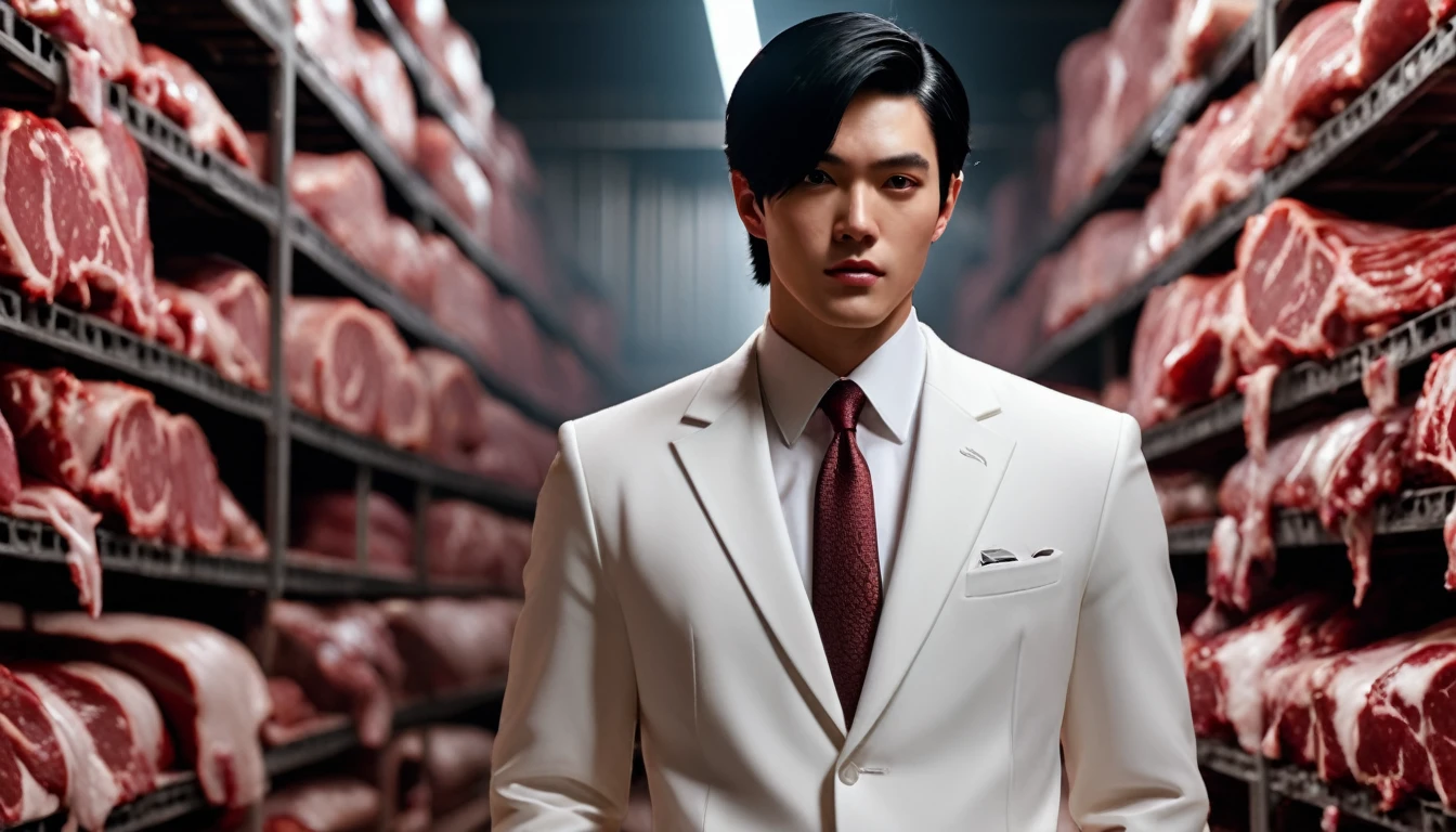 There is a handsome boy with a very detailed face, White suit, Short black hair, Highly detailed characters, Inside the warehouse, which is piled up with meat, meat, fresh meat, Very realistic, 4K, Chiaroscuro, Ultra high definition