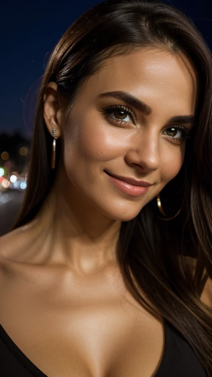 lhr piercing eyes, looking straight, very happy, retrato em close, in an open-air urban neighborhood ,Luz da noite,(de corpo inteiro)