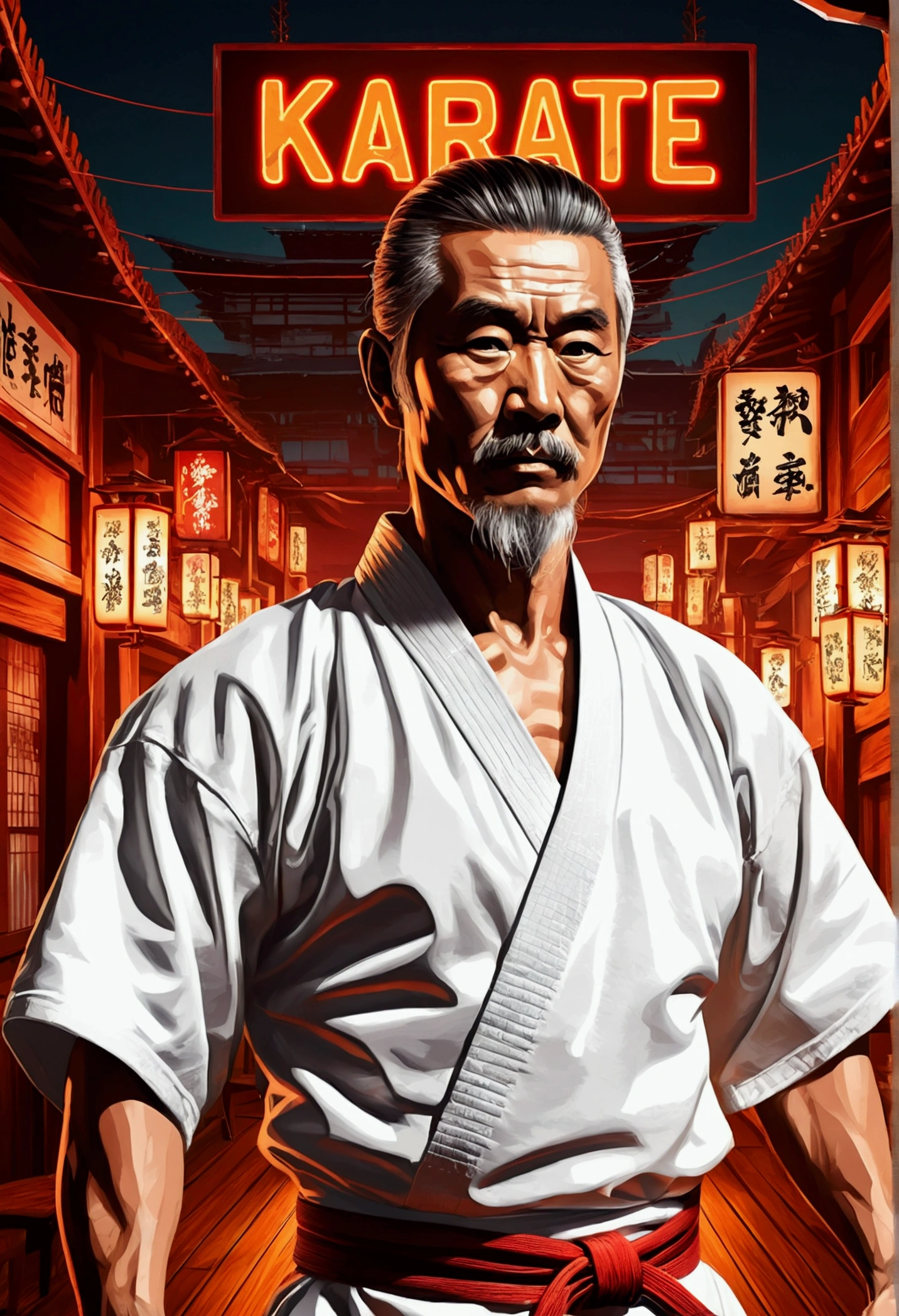 High quality design vector style image, t-shirt print style, graphic art of karate sensei, a ocidental man, , in white kimono, white background realistic colors, american old west scene in saloon, vector image. In the background, a cyberpunk detail, Tokyo with lights and colors focused on red and orange as a base tone.